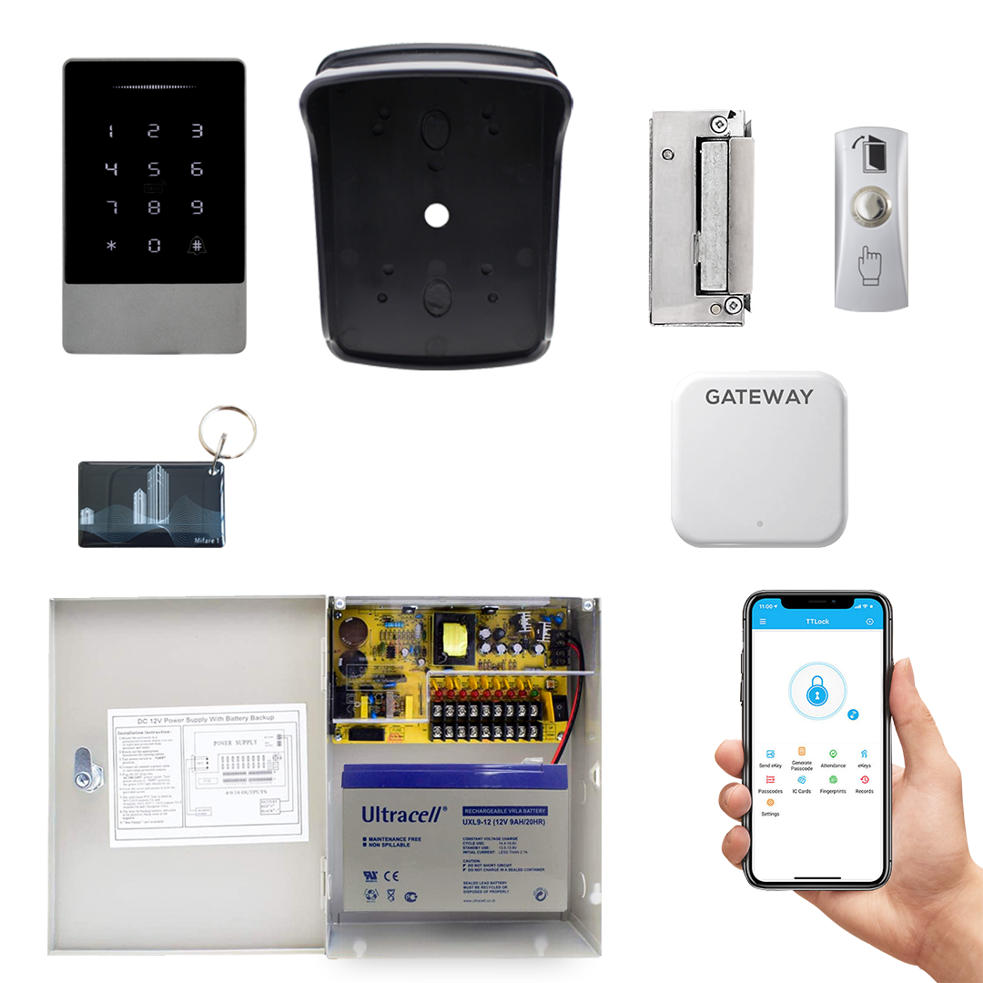 Kit004 - Para uso interior, Controlo de acessos por telemóvel, Trinco/Testa Eléctrica NO, Fonte UPS c/bateria, Espelho incluído, Com botão de saída Interior